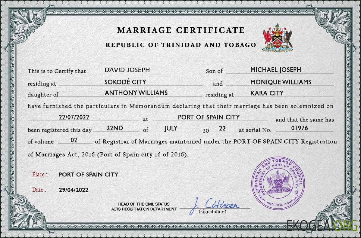Modèle PSD de certificat de mariage de Trinité et Tobago